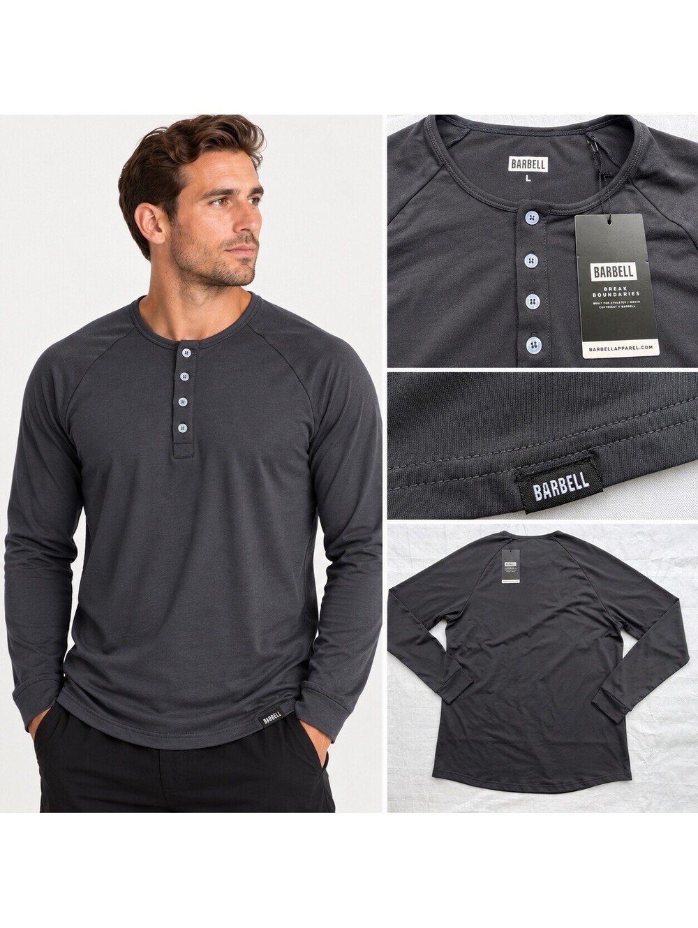 Barbell Apparel Scout Henley Shirt Mens L Black Long Sleeve Performance NEW
